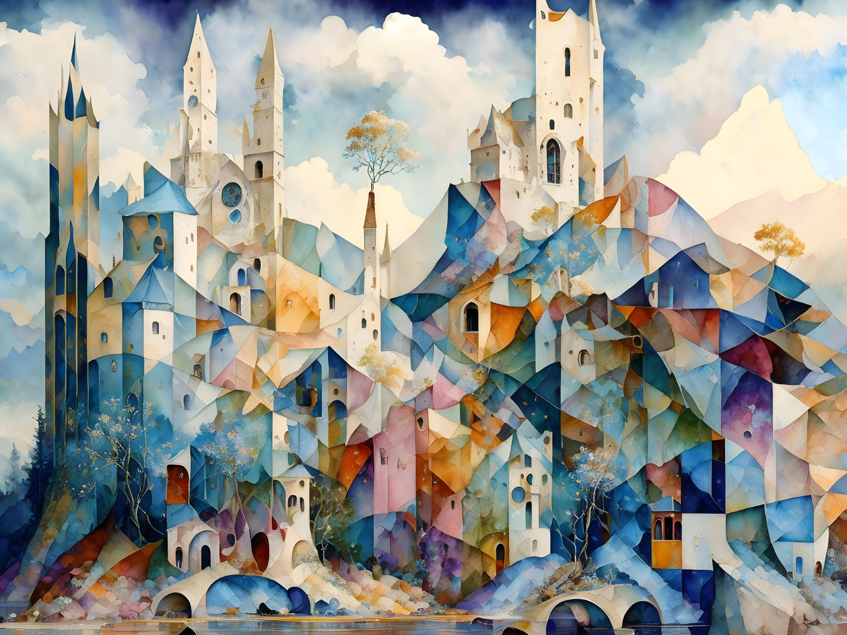 Surreal watercolor painting of geometric cityscape under dreamy sky