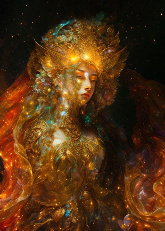 Golden headgear and cosmic elements in a fantastical portrait