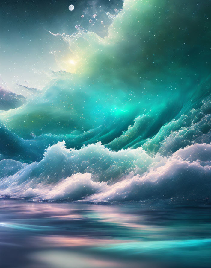 Ocean Waves and Cosmic Sky Merge in Surreal Image