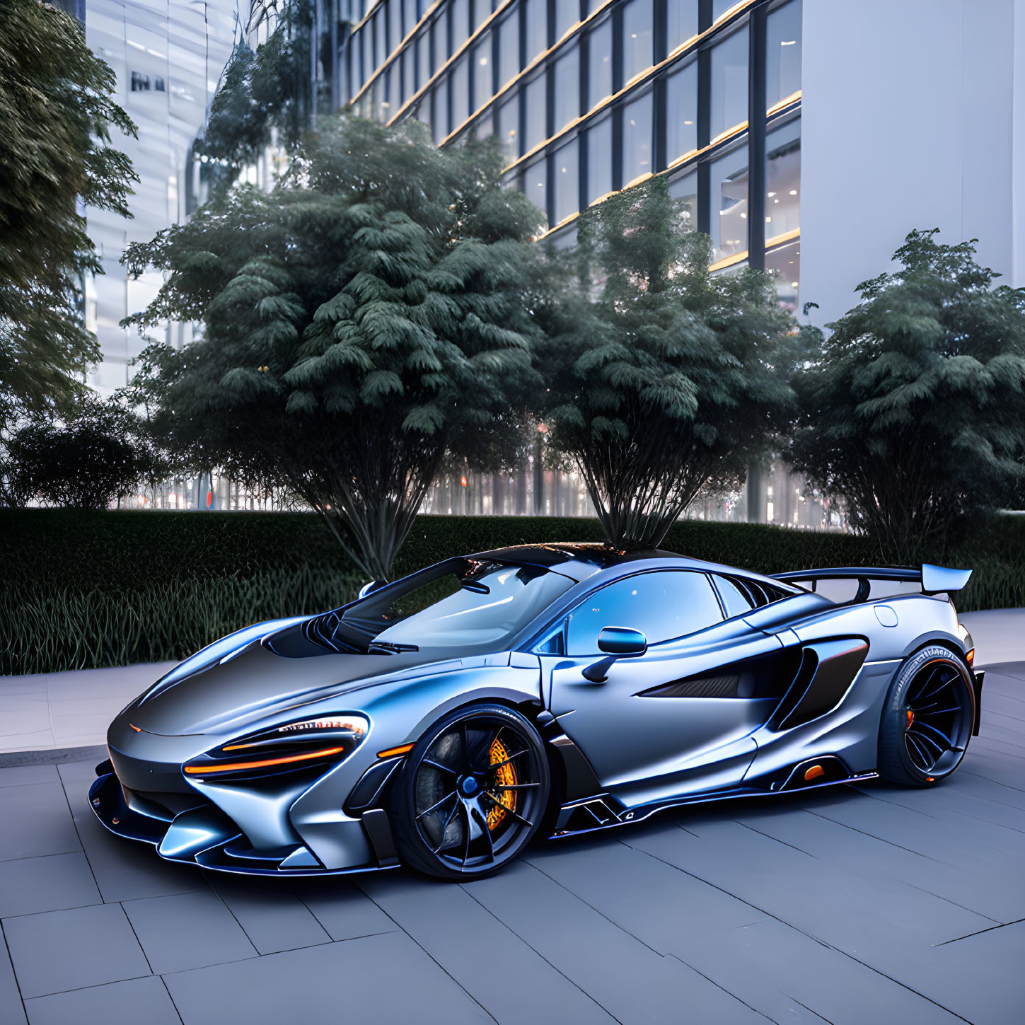 Custom Blue and Black McLaren Sports Car Parked in Front of Modern Building