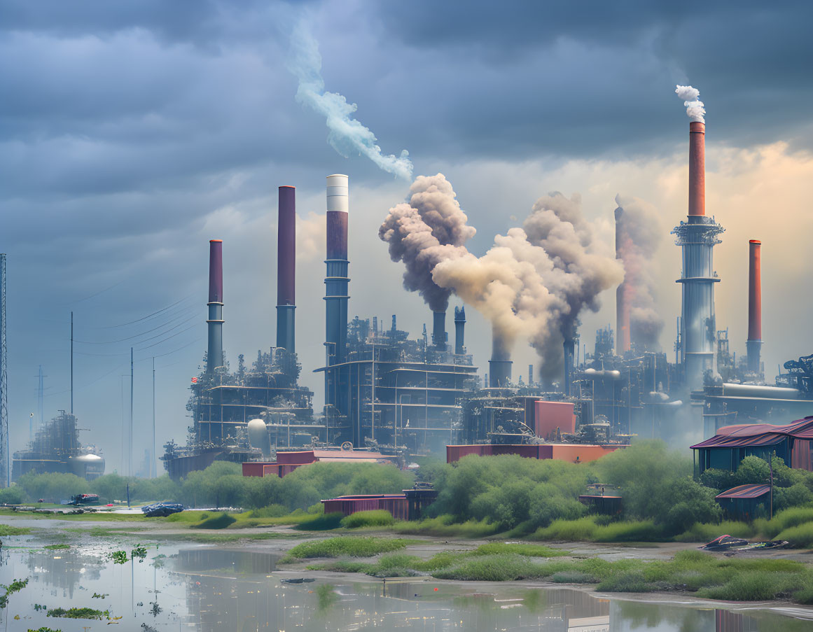 Industrial landscape with smokestacks emitting smoke under cloudy sky