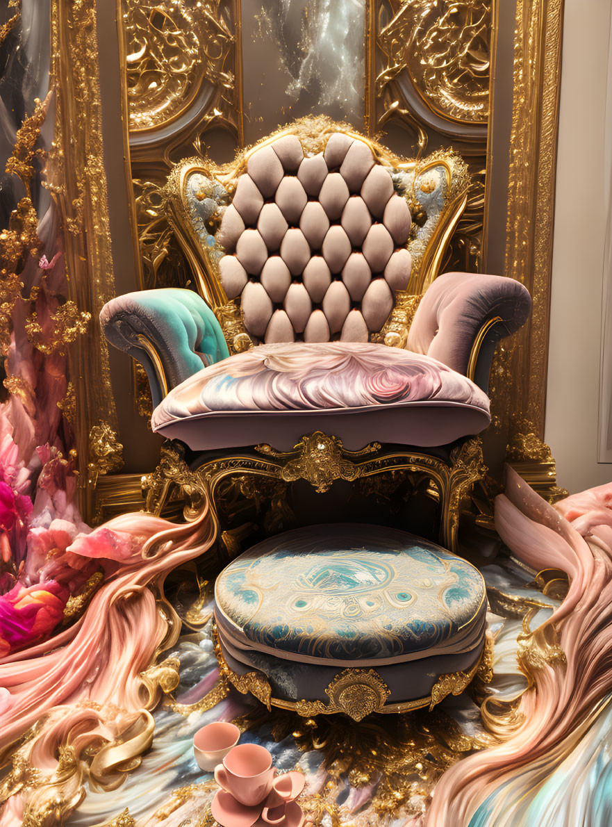 Luxurious golden throne with plush upholstery and pink decor