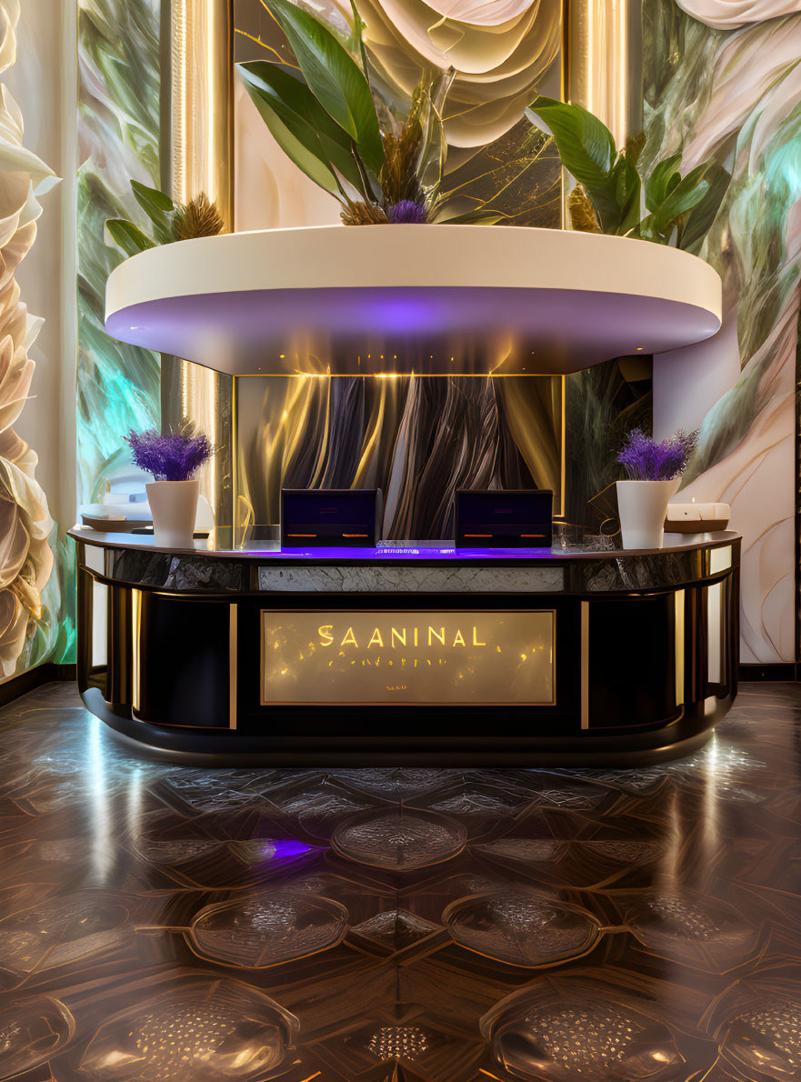 Modern curved reception desk with backlit elements and plants