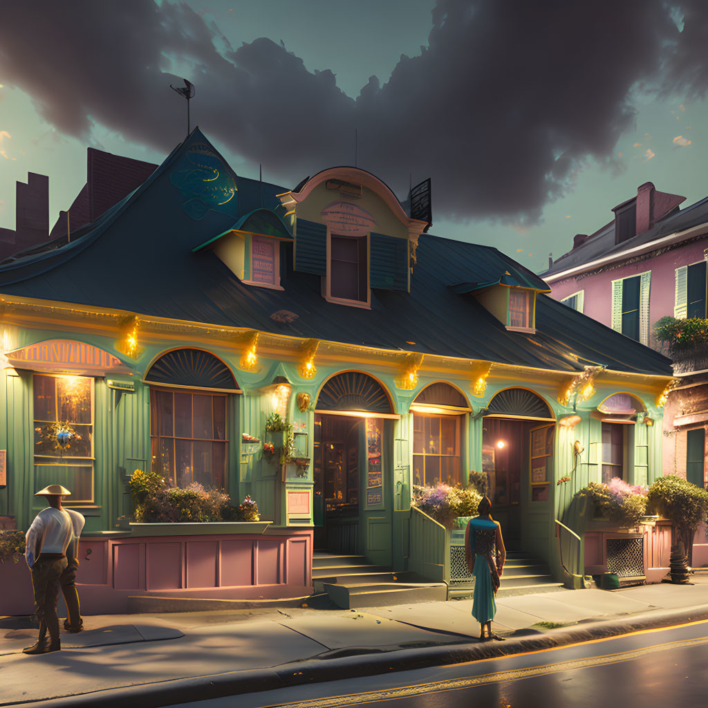 Cozy twilight scene at corner restaurant with green facade and warm yellow lights