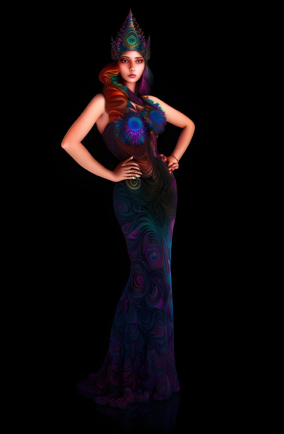 Colorful Woman in Peacock-Inspired Gown & Headdress on Black Background