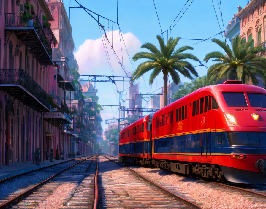 Vibrant red streetcar on urban street with palm trees and balconies