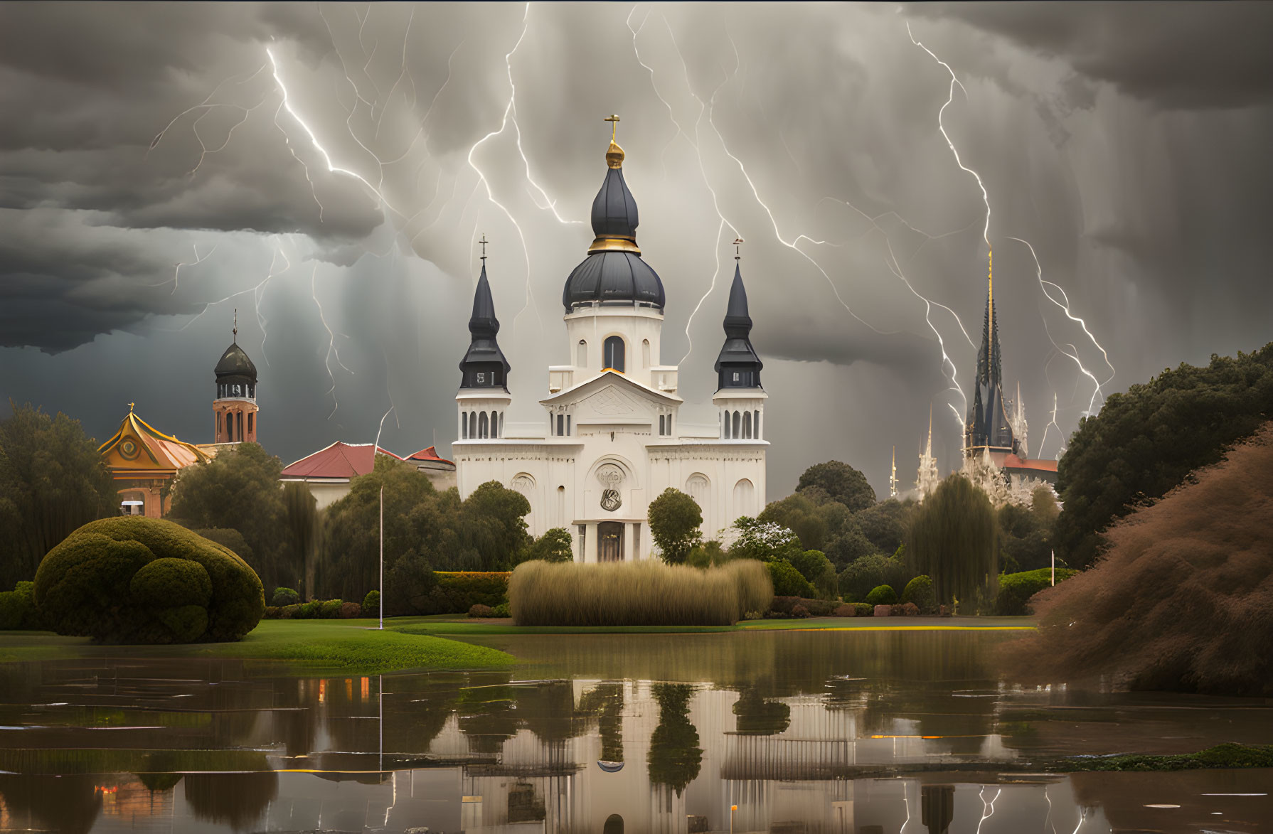 Stormy Sky with Lightning Bolts Above White Church Reflecting in Water