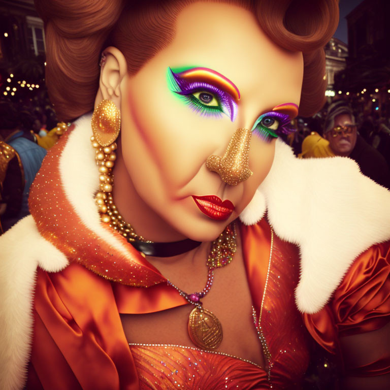 Colorful Rainbow Eye Makeup and Orange Outfit at Festive Event