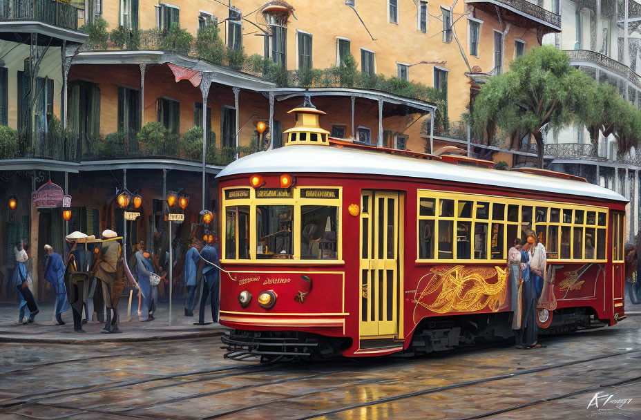 Red vintage tram and bustling city scene with classic buildings