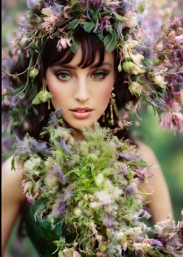 Woman with Floral Wreath, Green Eyes, Makeup, and Earrings on Blurred Background