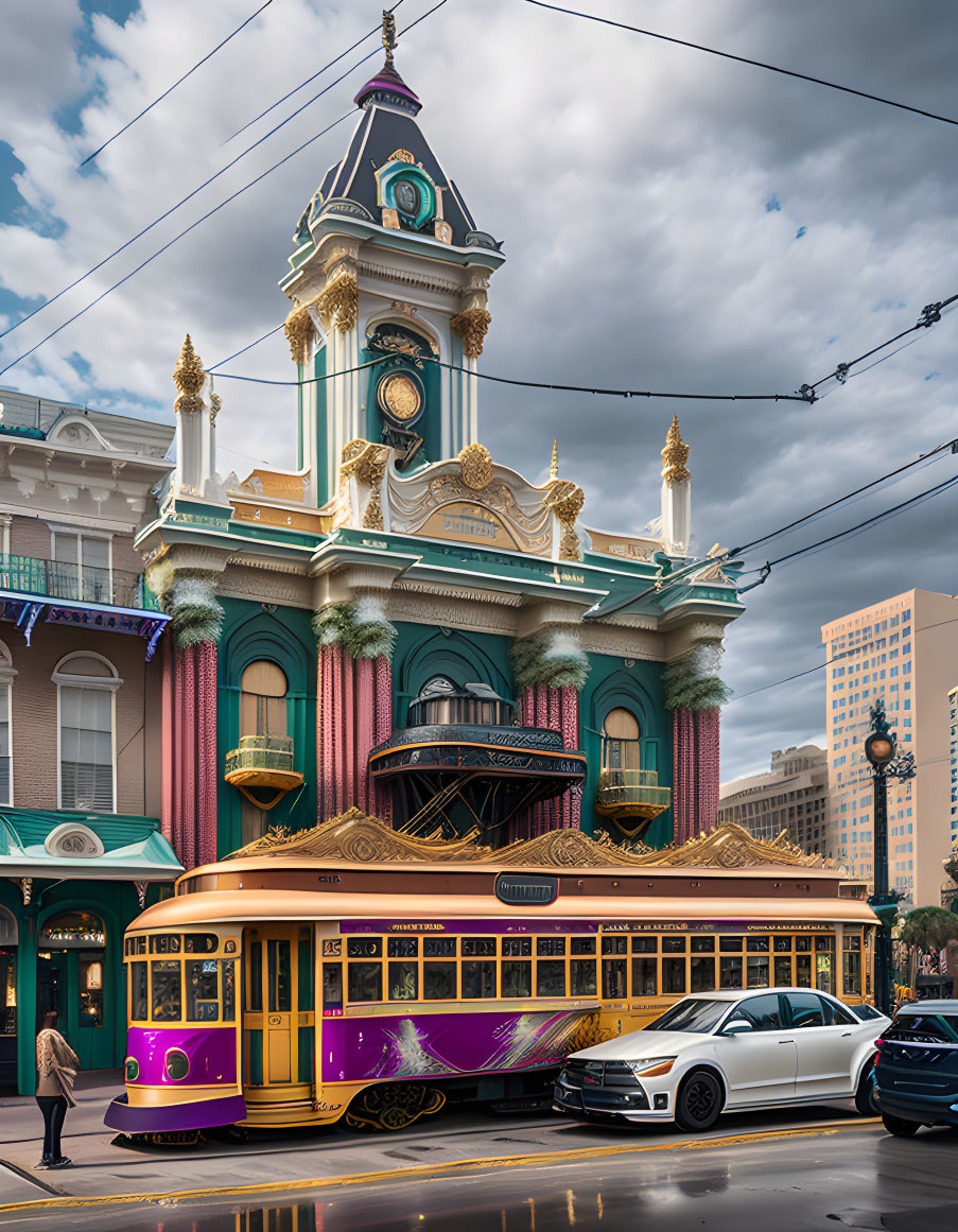 Colorful streetcar and clock tower scene on urban street.