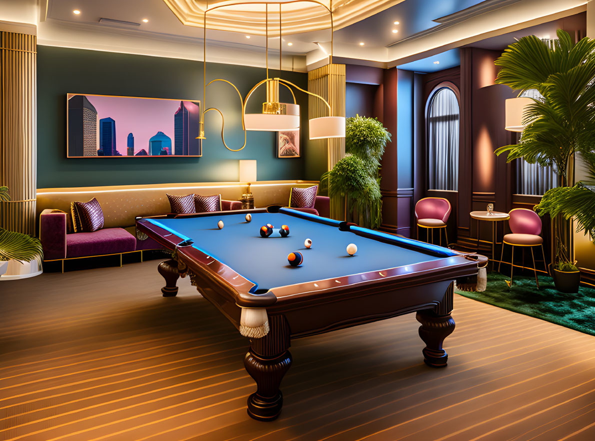 Sophisticated interior with billiards table, modern furniture, elegant lighting, and vibrant color scheme