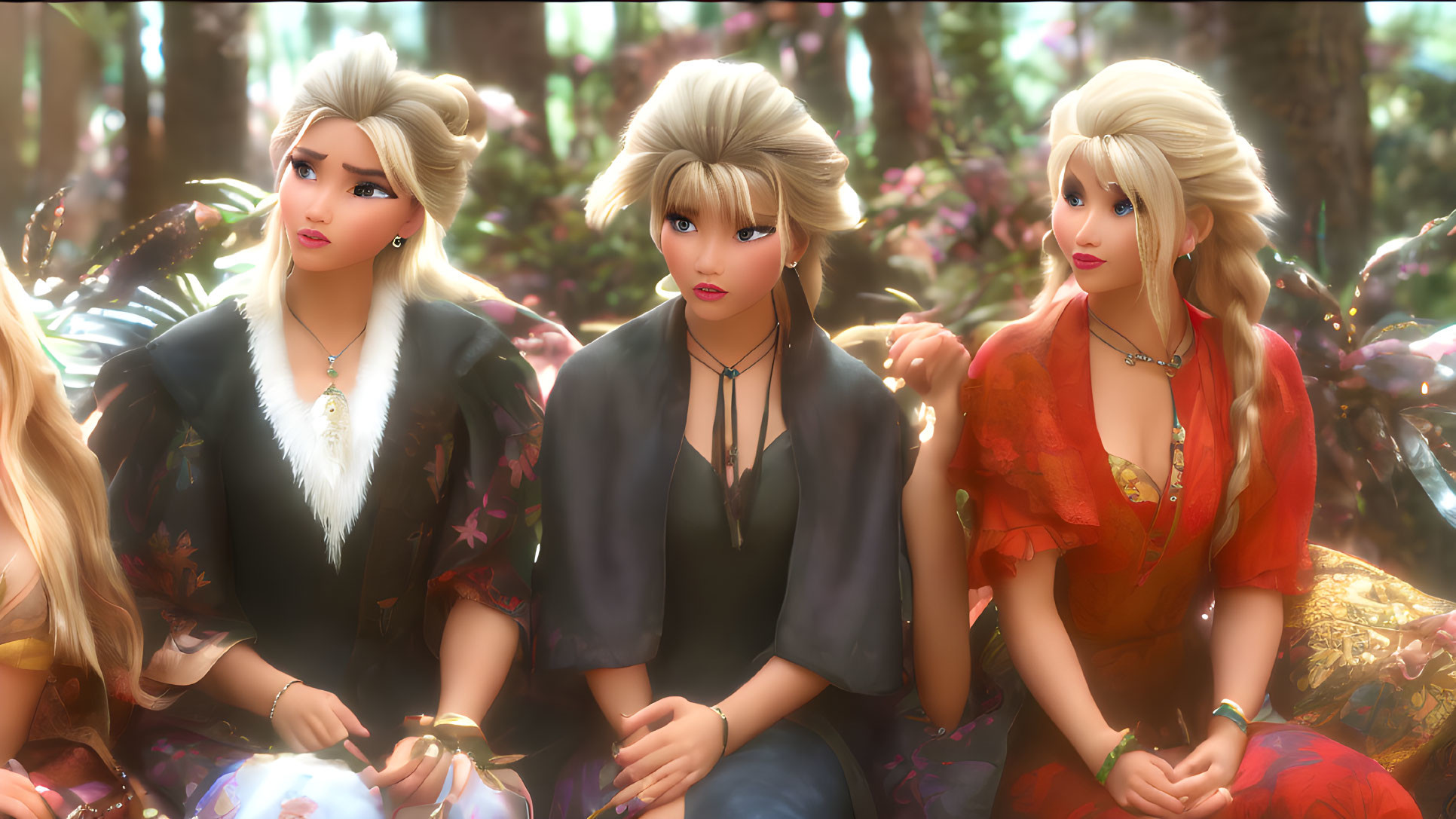 Three animated female characters with unique hairstyles and clothing in a lush green setting.