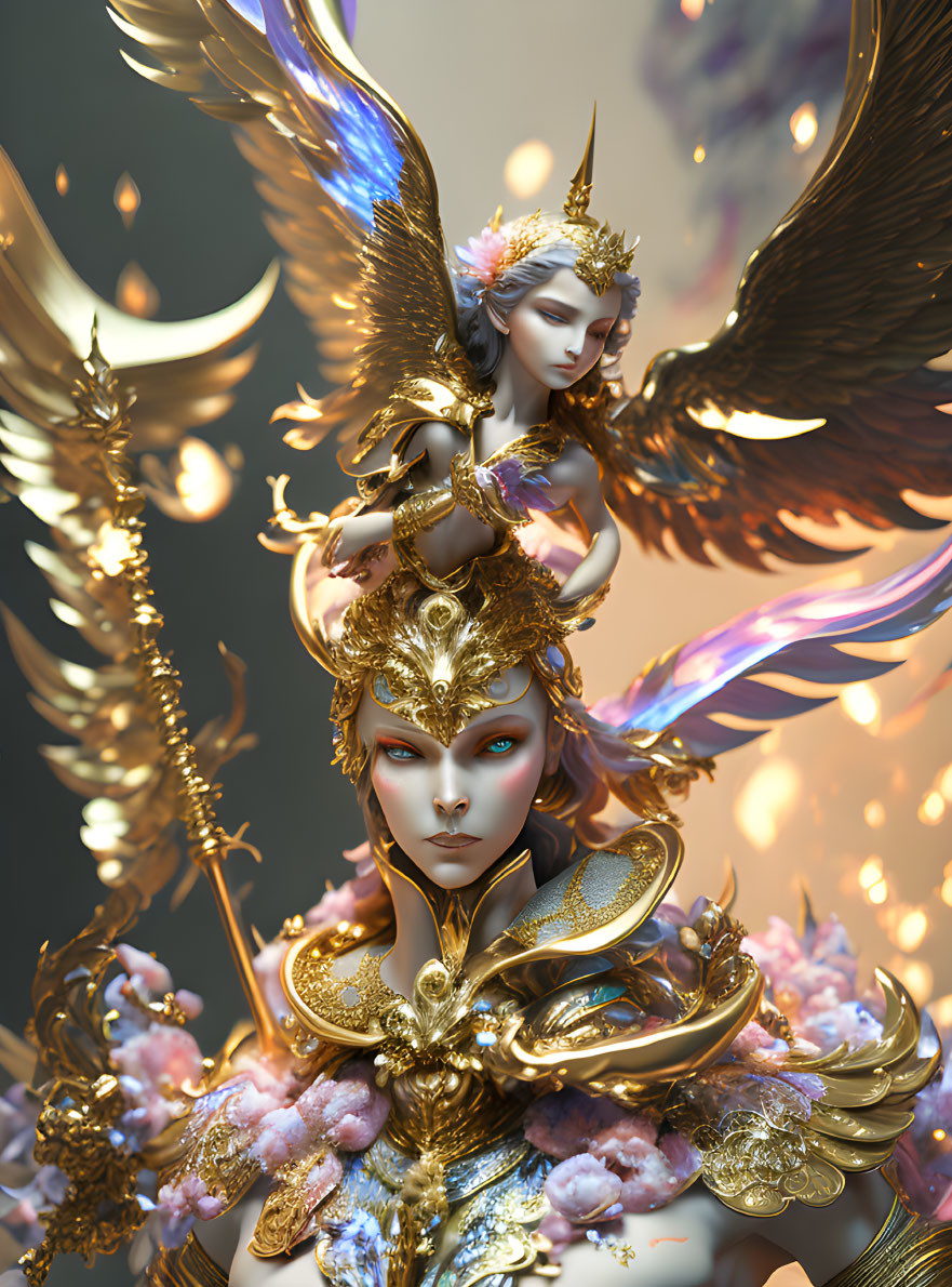 Regal fantasy figure in golden armor with wings and flowers