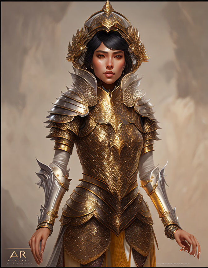 Regal woman in golden armor with winged helmet and fierce gaze