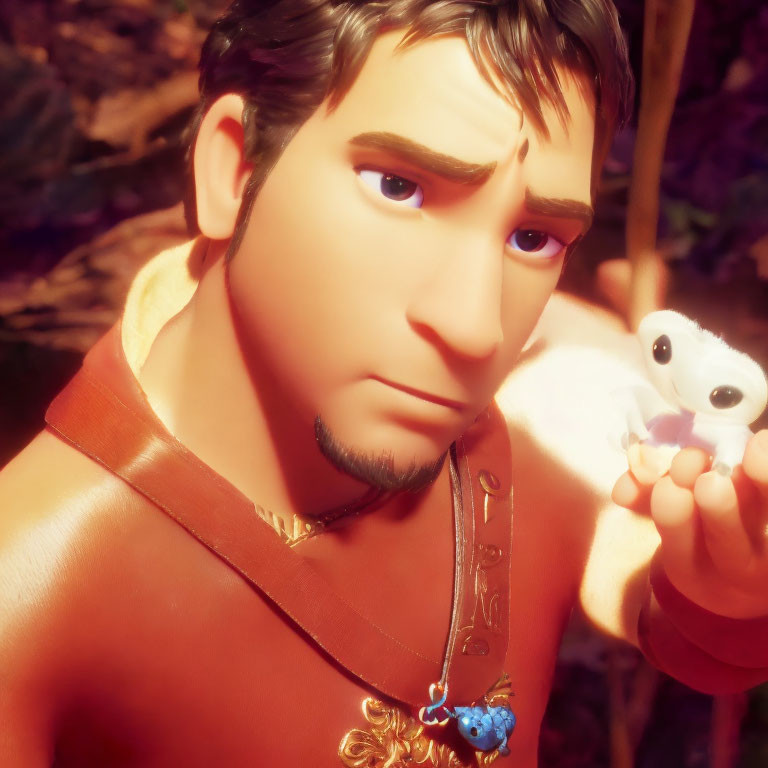 Brown-haired 3D character holding cute white creature