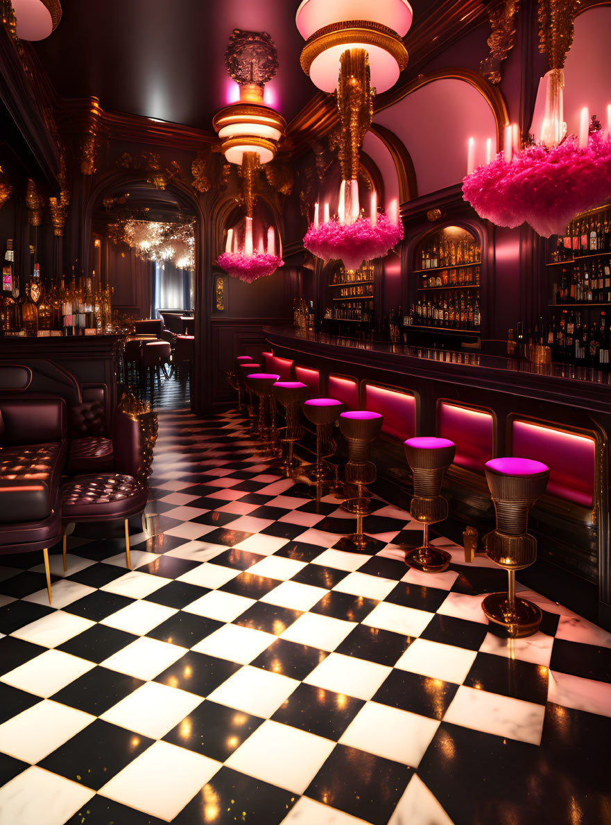 Luxurious bar with checkerboard floor, pink lights, dark walls, and purple bar stools.