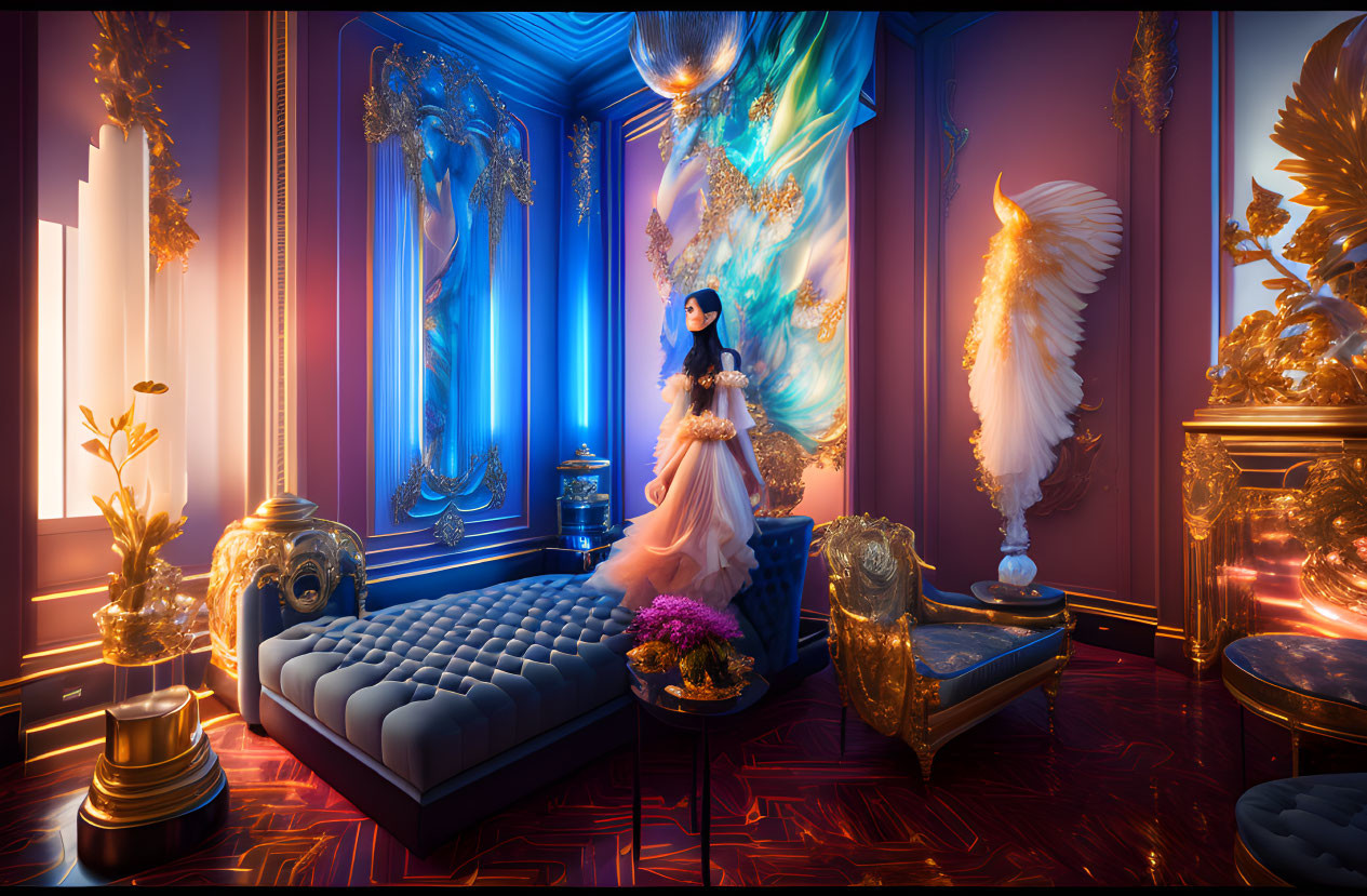 Woman in elegant dress in vibrant, luxurious room with golden decor and winged art.