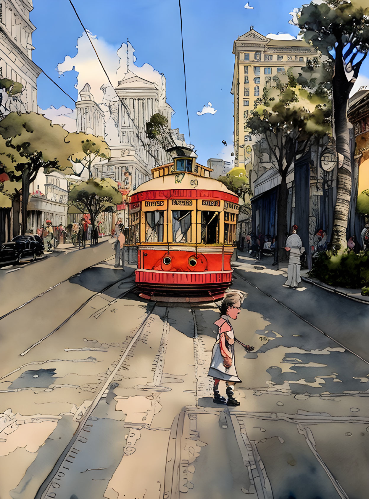 Colorful Child Crossing Tram Tracks in Busy City Scene