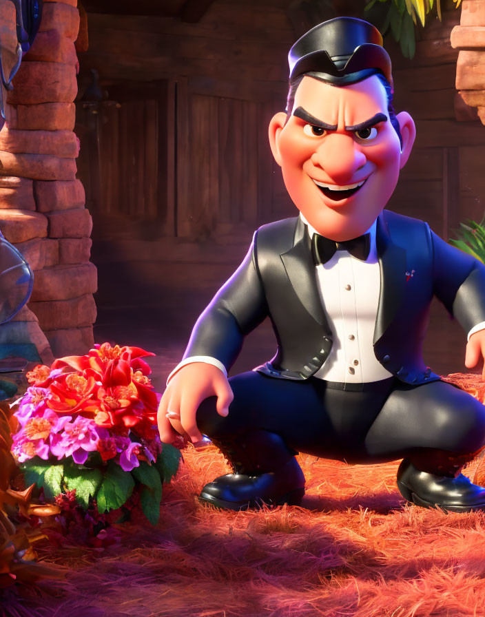 Animated character in tuxedo with vibrant flowers in warmly lit wooden setting