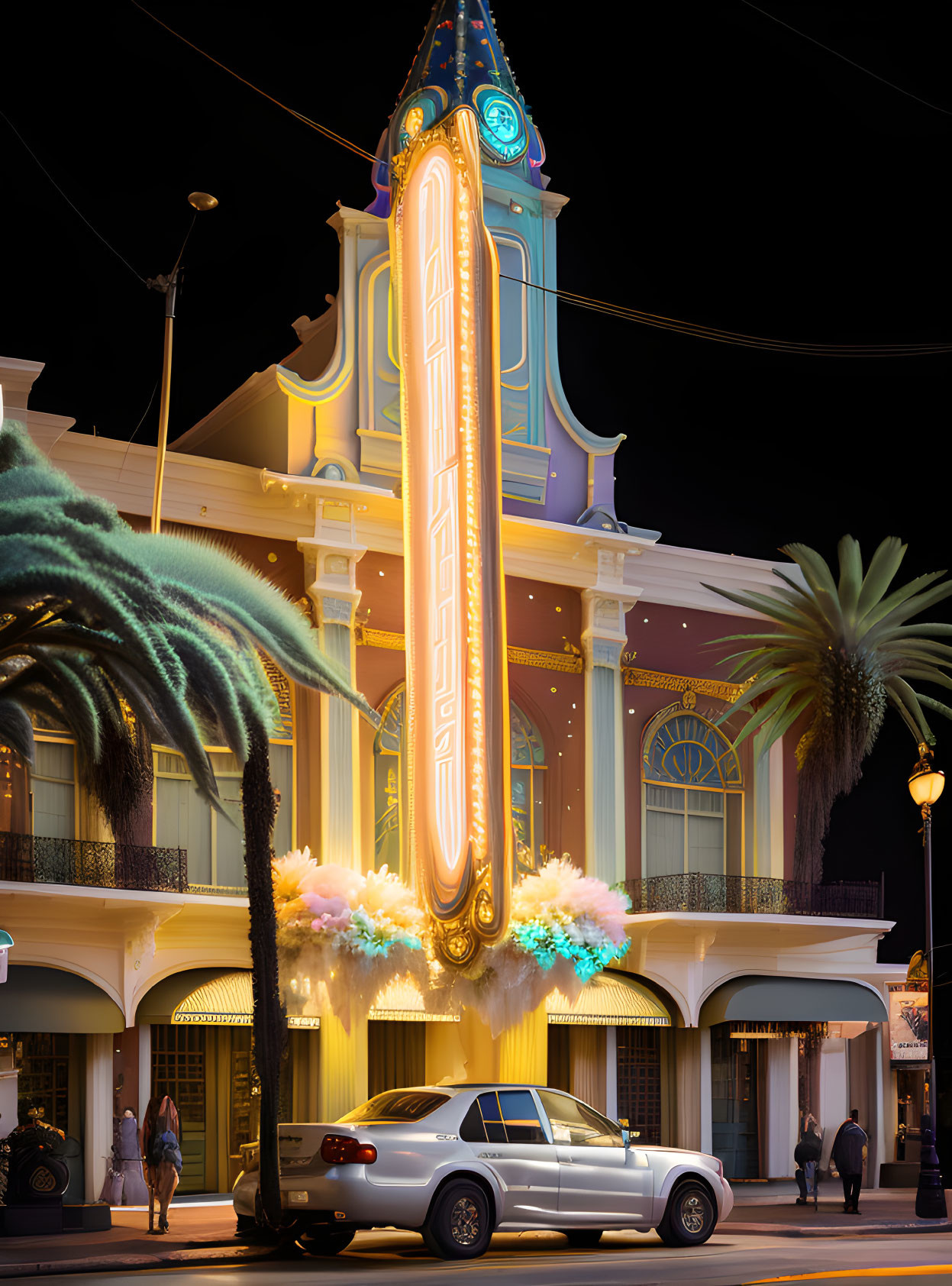 Ornate theater facade with neon signage, palm trees, and pickup truck at night