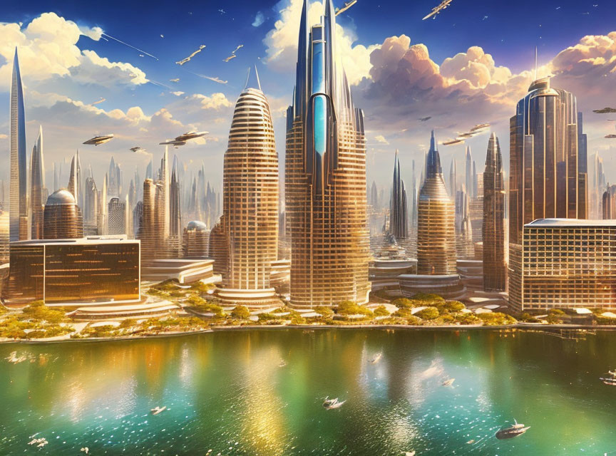 Futuristic cityscape with skyscrapers, greenery, river, and flying vehicles