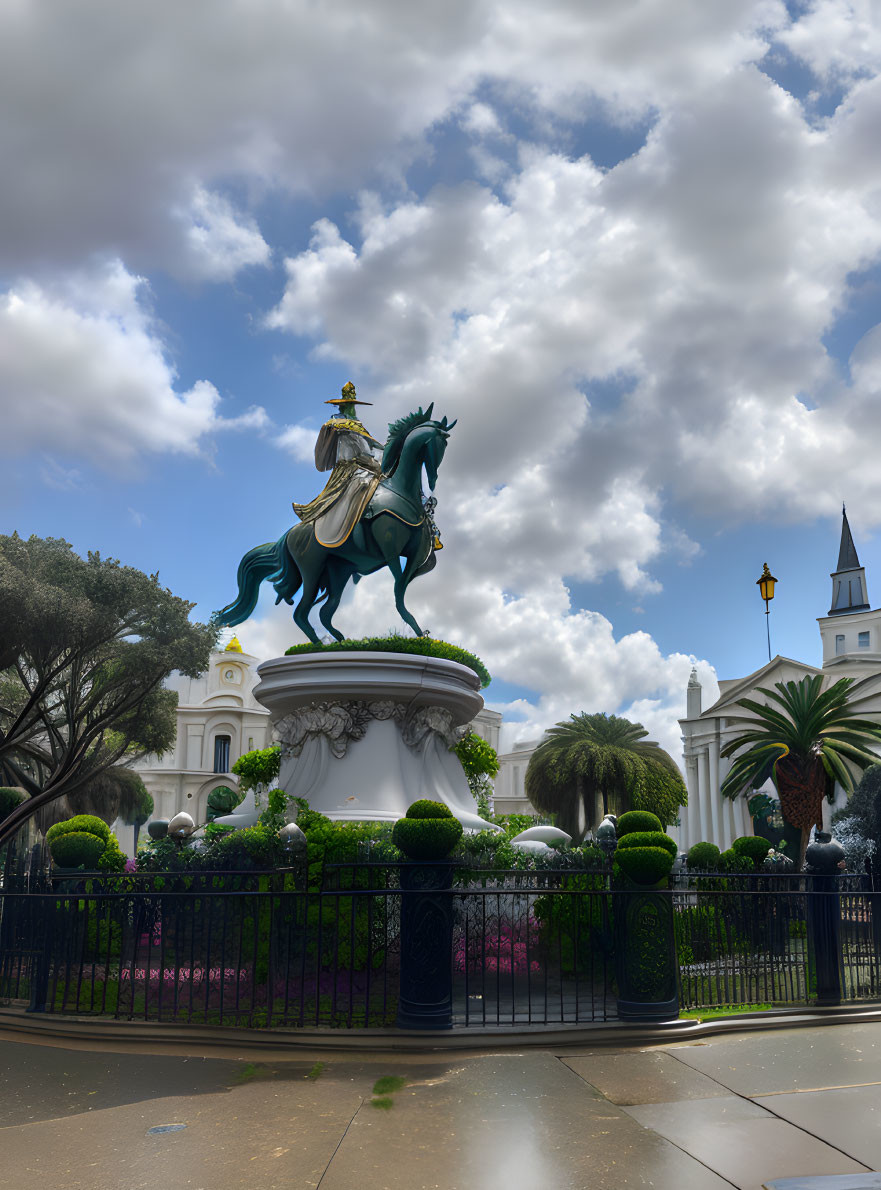 Historical figure equestrian statue on pedestal with vibrant sky and greenery.