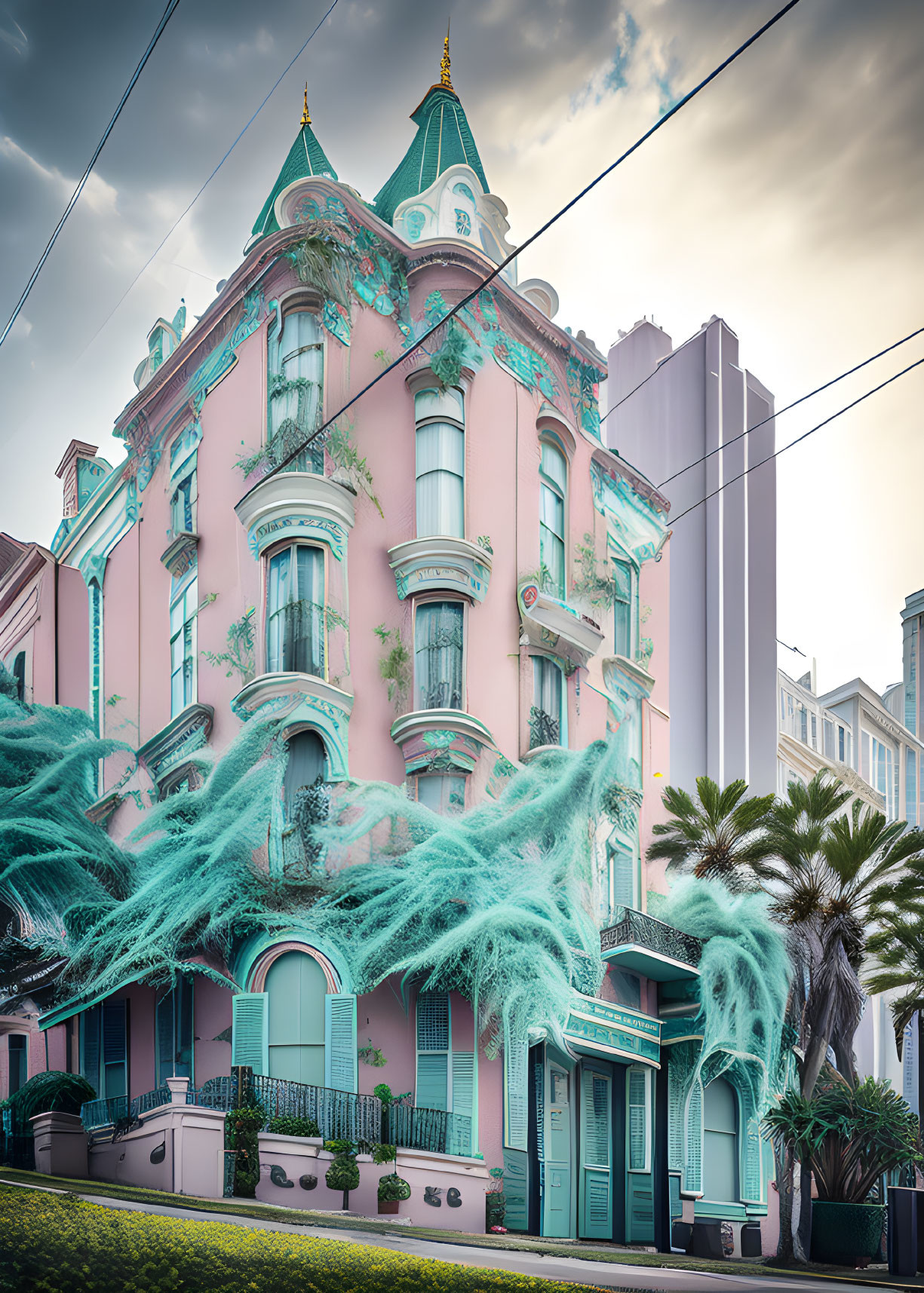 Victorian building with green trim and Spanish moss under soft sky