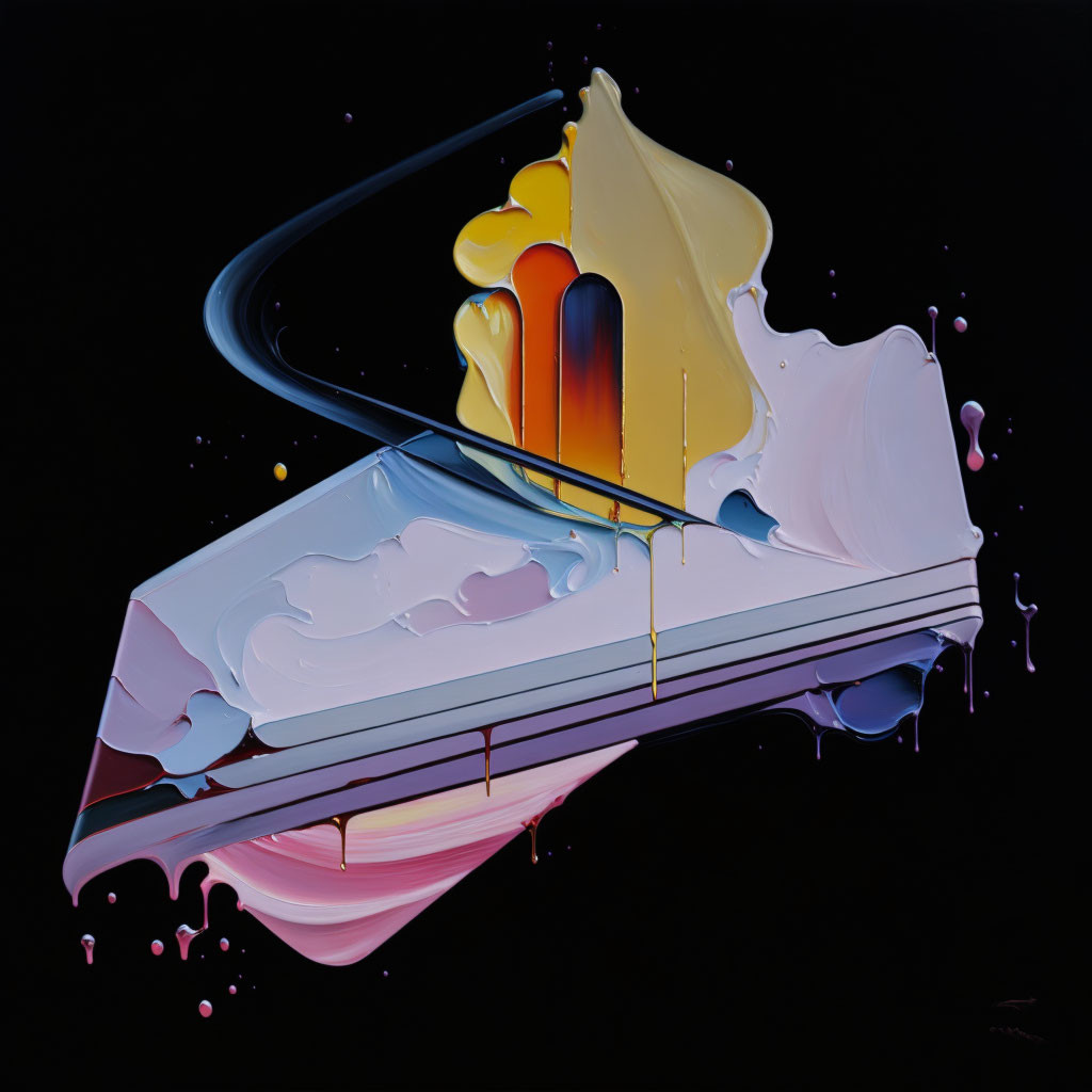 Hyperrealistic Melting Grand Piano Painting in Yellow, Orange, and Pink Hues