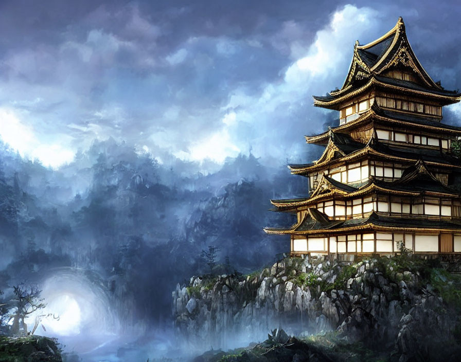 Ancient Japanese Pagoda in Mountain Landscape