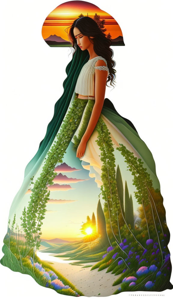 Illustration of woman merging with scenic landscape at sunset