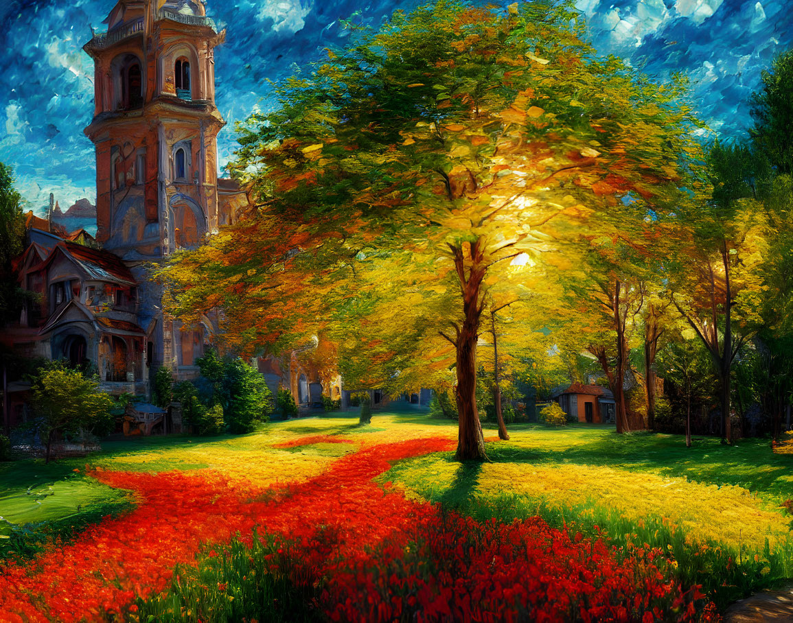 Colorful garden painting with tree, flowers & classical building under textured sky