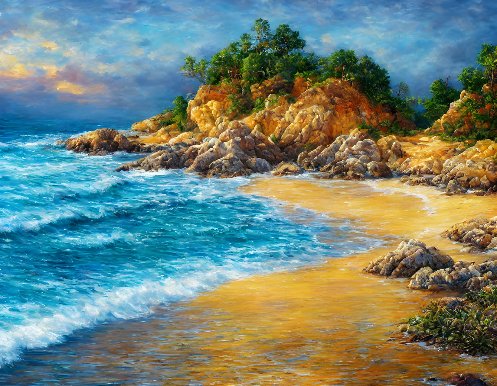 Serene beach painting with golden sand, rocky cliffs, blue waves