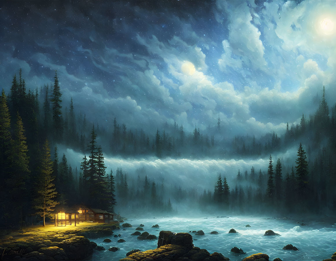 Night Landscape: Glowing Cabin by Misty River & Starlit Sky