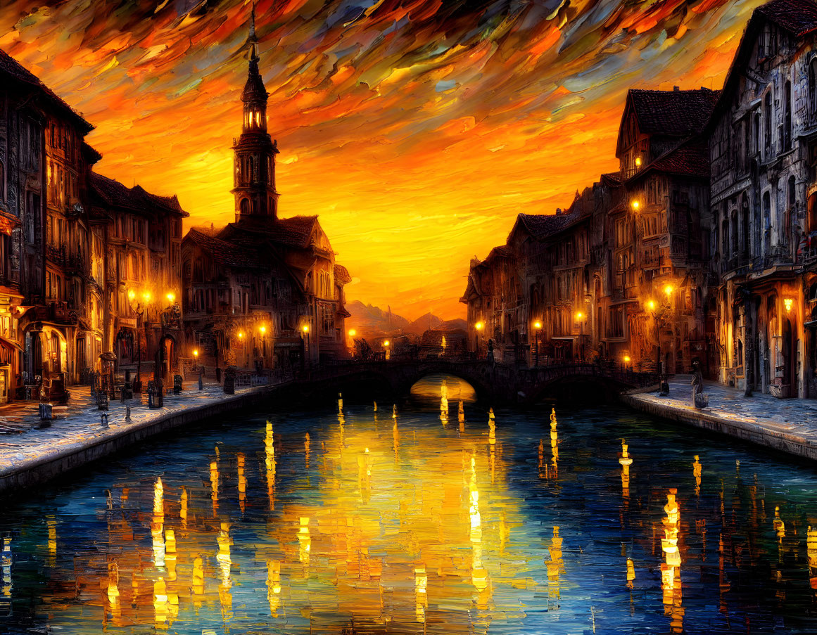 European canal at sunset: Historic buildings, fiery sky, water reflections