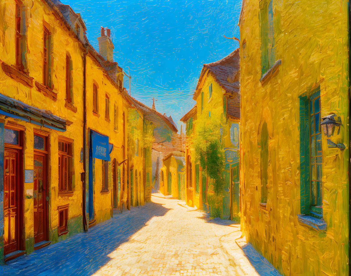 Impressionist-style digital painting of sunny cobblestone street