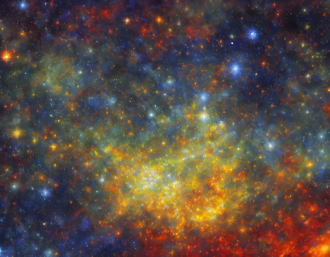 Colorful Cosmic Image with Blue, Orange, and Yellow Stars