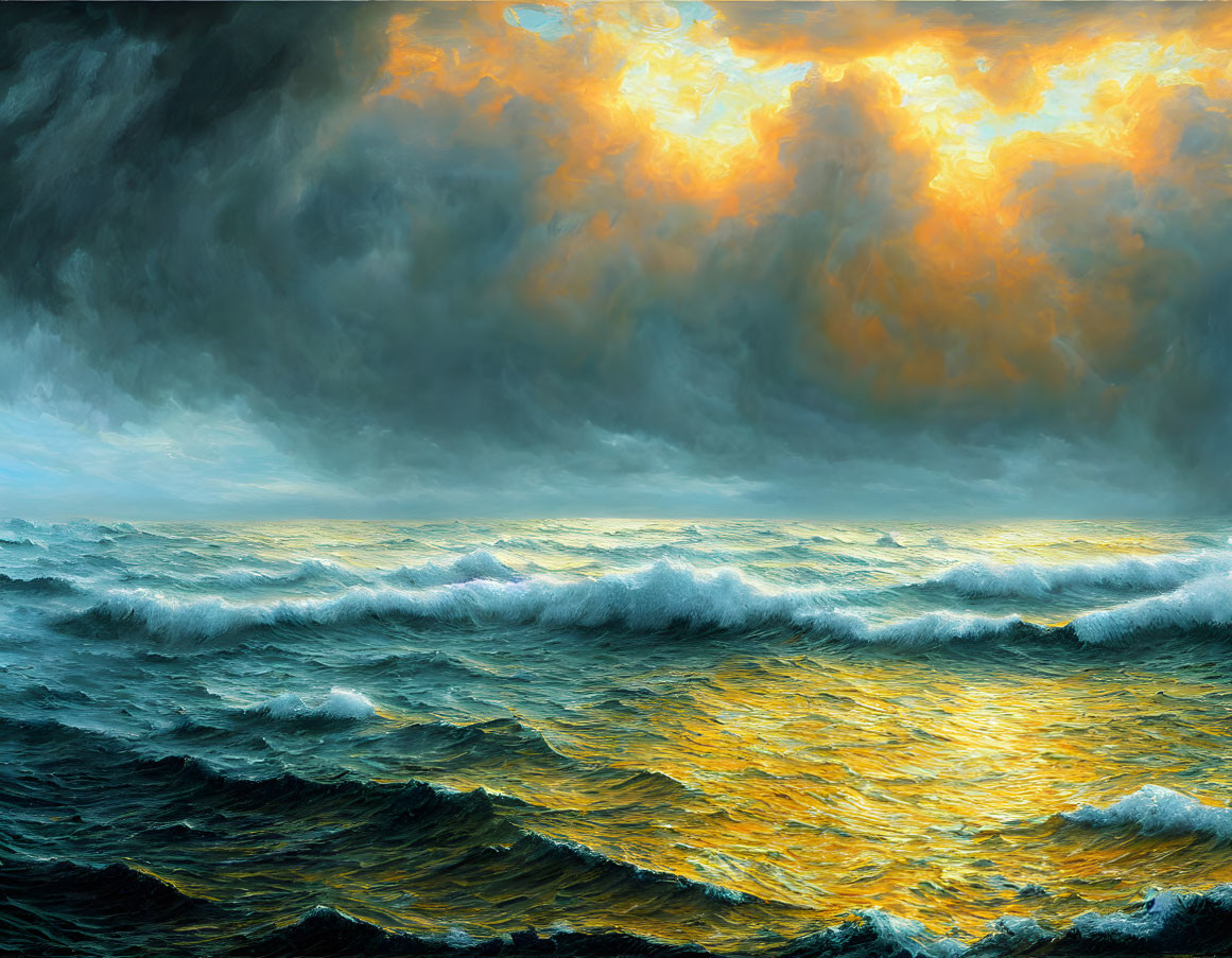 Dramatic seascape with ominous clouds and sunlit waves