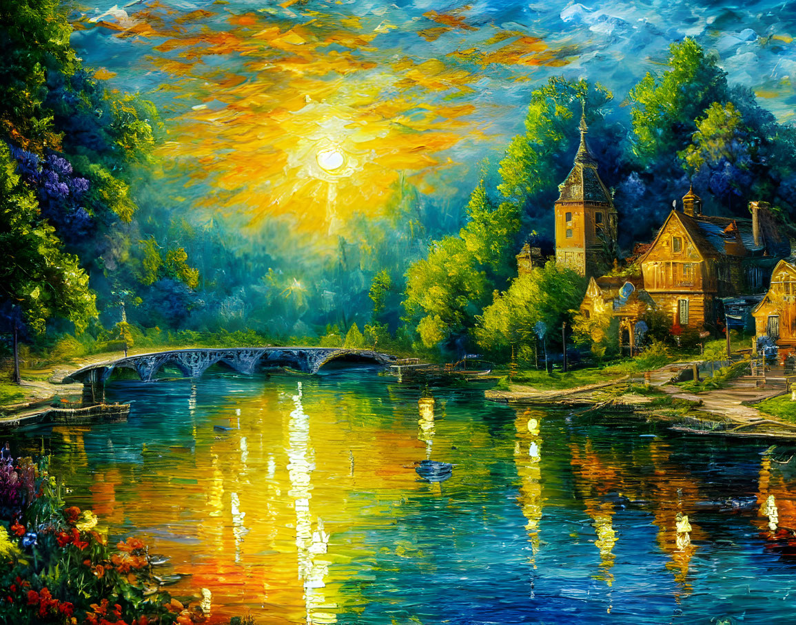 Scenic painting: Riverside village at sunset with stone bridge