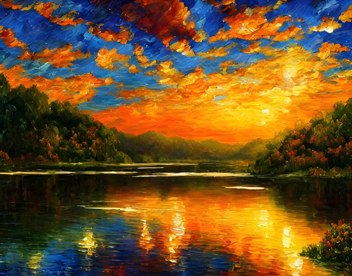 Vibrant oil painting of sunset over river with fiery clouds.