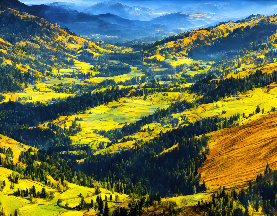 Scenic landscape of rolling hills, valleys, and mountains under a blue sky