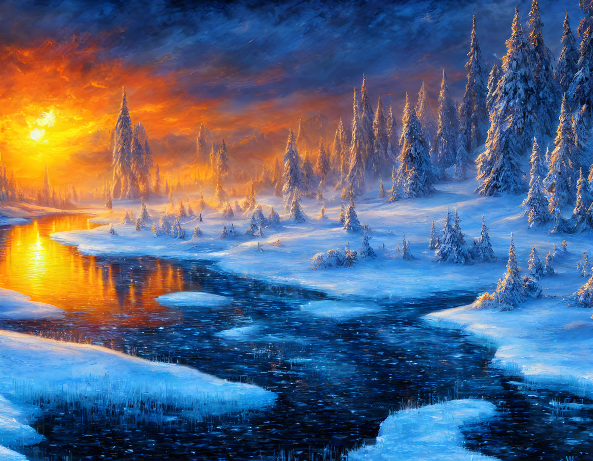 Snow-covered river winding through pine forest under vibrant sunset sky