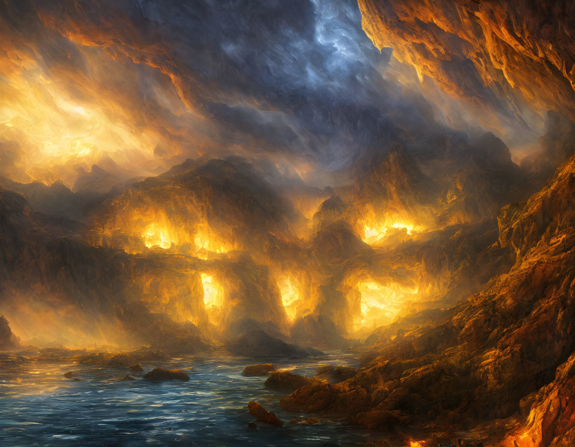 Dramatic fiery landscape with glowing lava and tumultuous sky