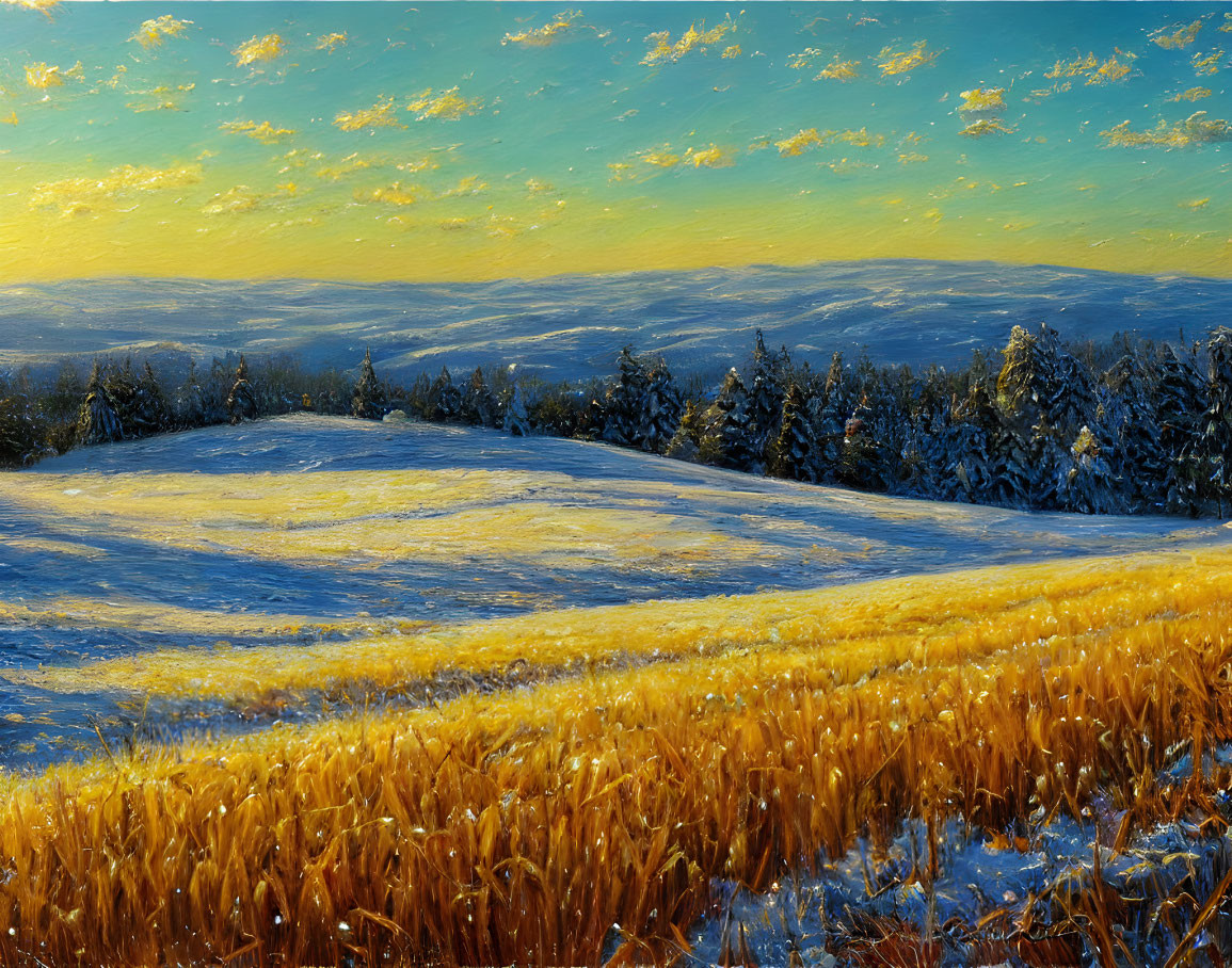 Sunlit snowy forest edge with golden field under bright sky