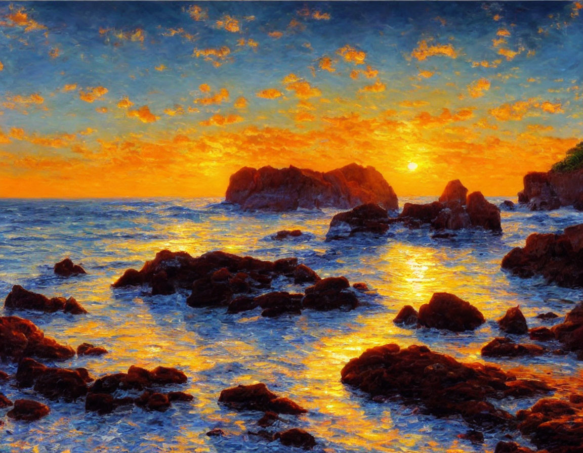 Vibrant sunset seascape with orange and blue hues over rocky coast