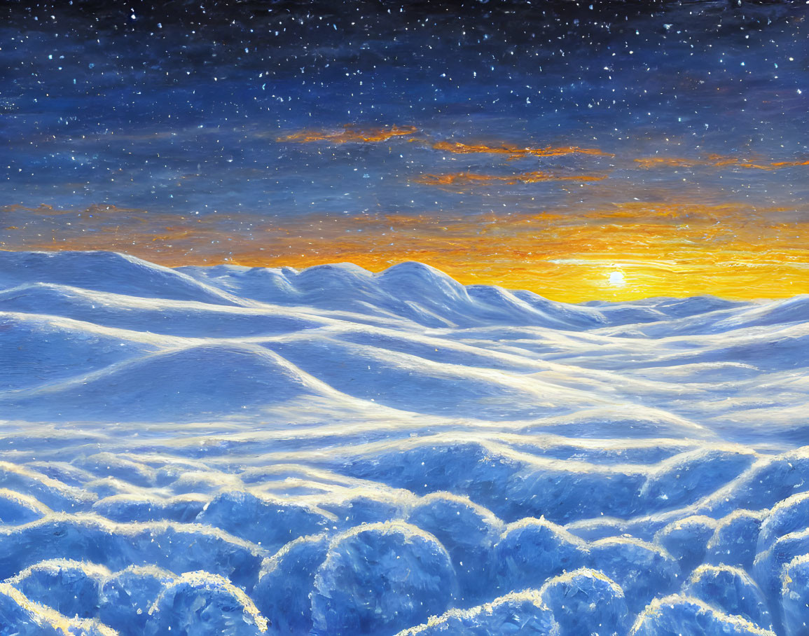 Snowy Landscape with Undulating Hills and Starry Sky at Sunrise or Sunset