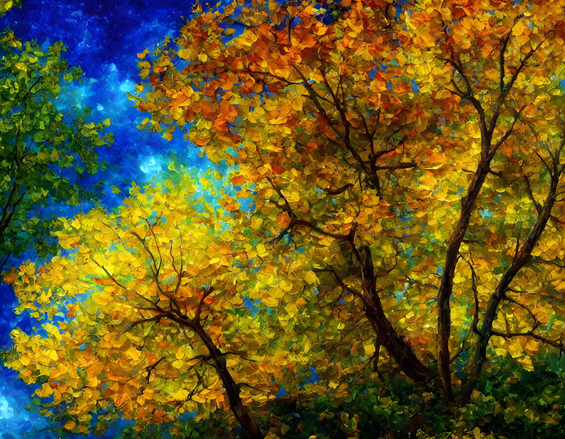 Colorful Autumn Leaves on Trees Against Blue Sky