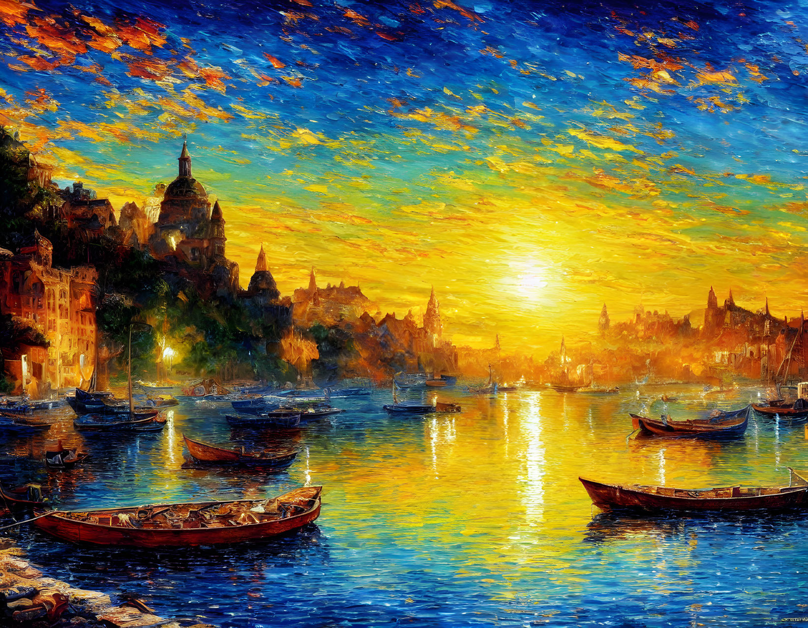 Sunset Impressionist Painting: Vibrant Cityscape & Water Reflections