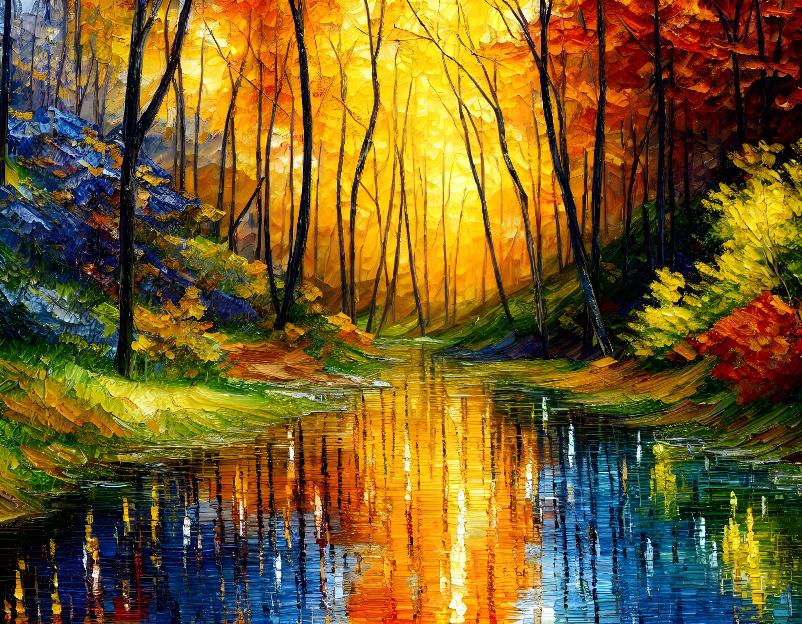 Vivid oil painting of autumn trees by tranquil river at sunset