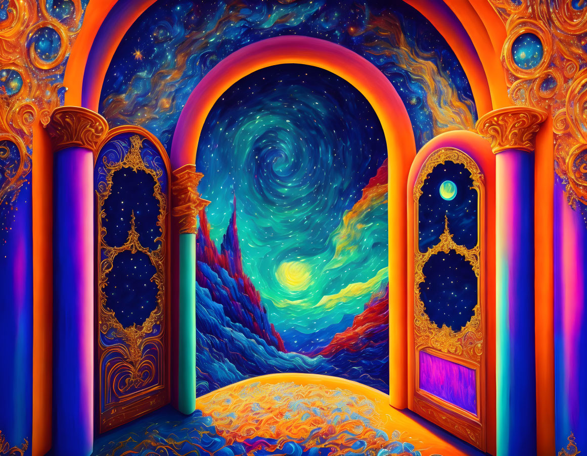 Colorful painting: ornate doors open to starry night sky & dreamlike landscape